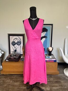 Fabiana Tesi Hot Pink V-Neck Linen  Dress Made in Italy